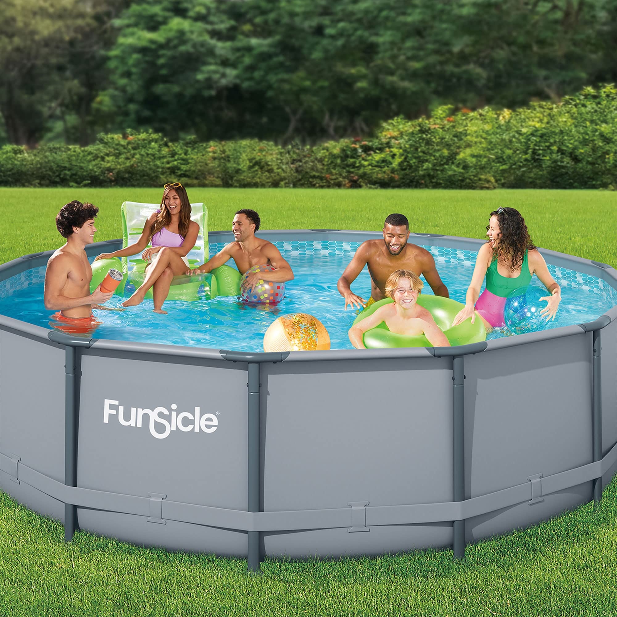 Funsicle Oasis Designer Round Frame Above Ground Outdoor Swimming Pool Set with SkimmerPlus Filter Pump, Ladder, and Pool Cover