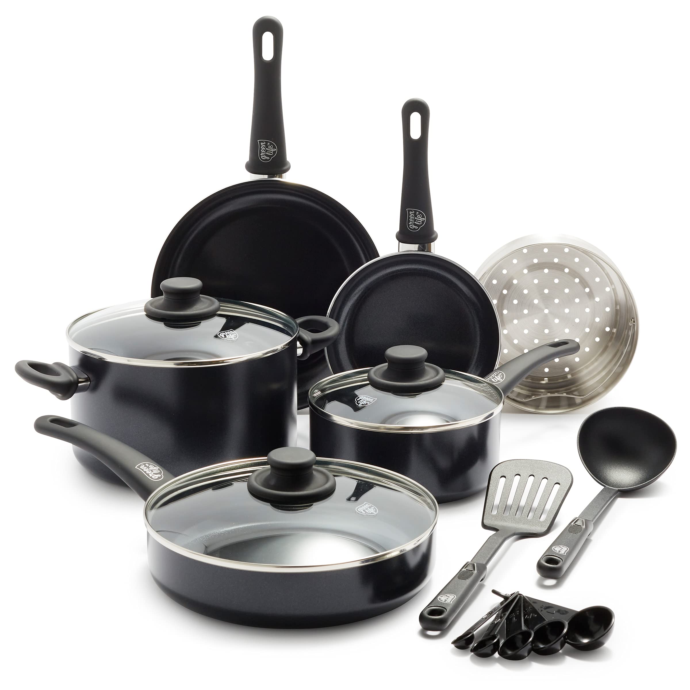 GreenLife Soft Grip Healthy Ceramic Nonstick 12 Piece Kitchen Cookware Pots and Frying Sauce Saute Pans Set, PFAS-Free with Kitchen Utensils and Lid, Dishwasher Safe, Black