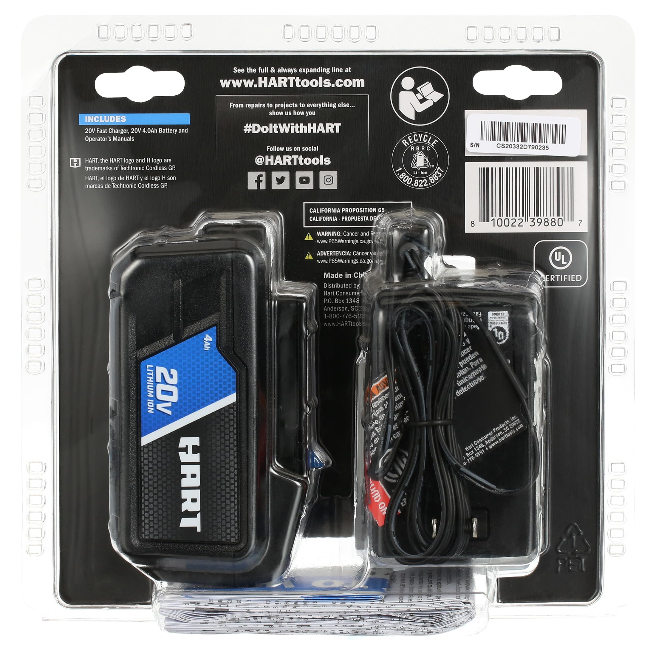HART 20V 4.0Ah Battery & Charger Kit - HGSK011 - for HART 20V Tools
