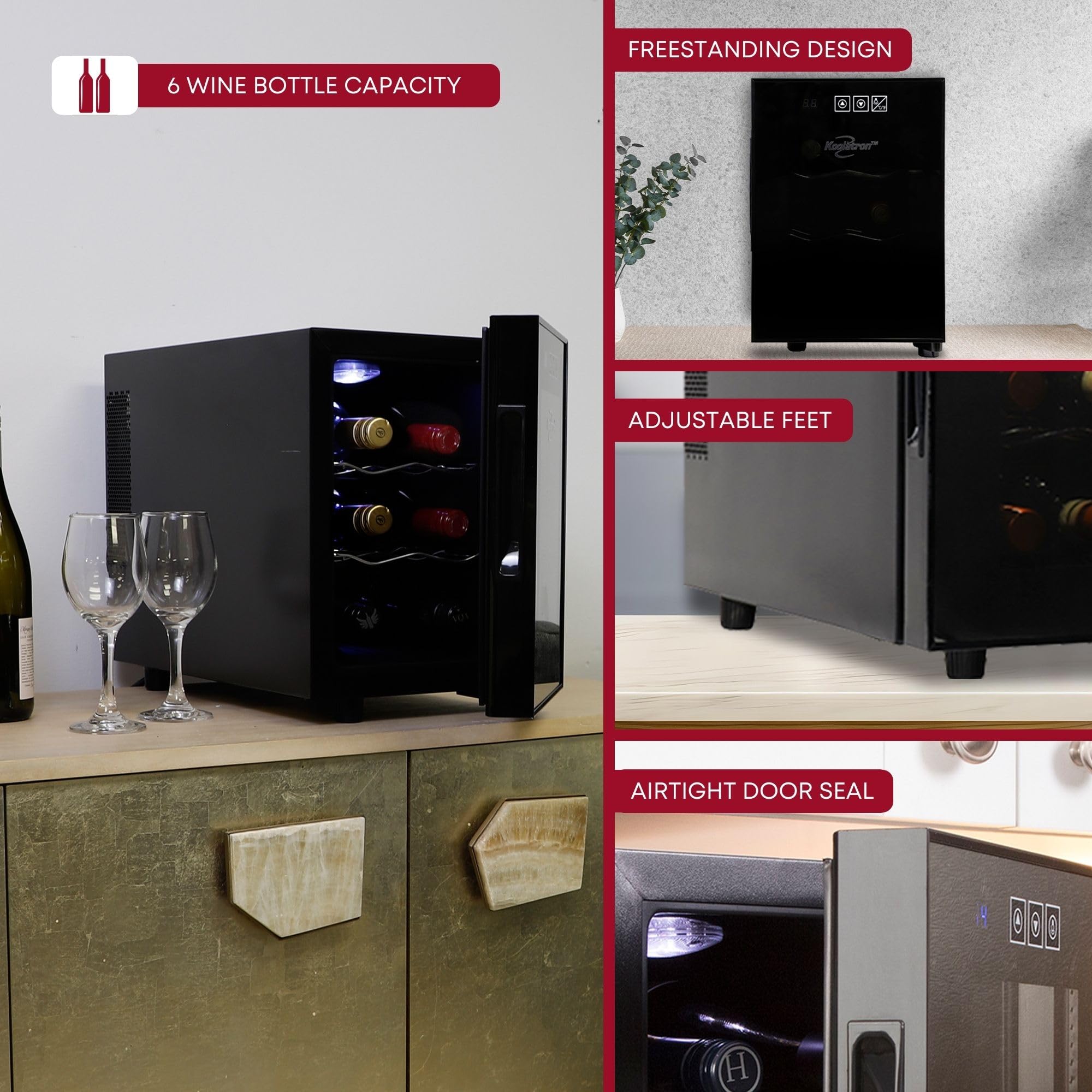 Koolatron 6 Bottle Wine Fridge – Freestanding Wine Cooler with Glass Door 0.6 cu ft (16 L)