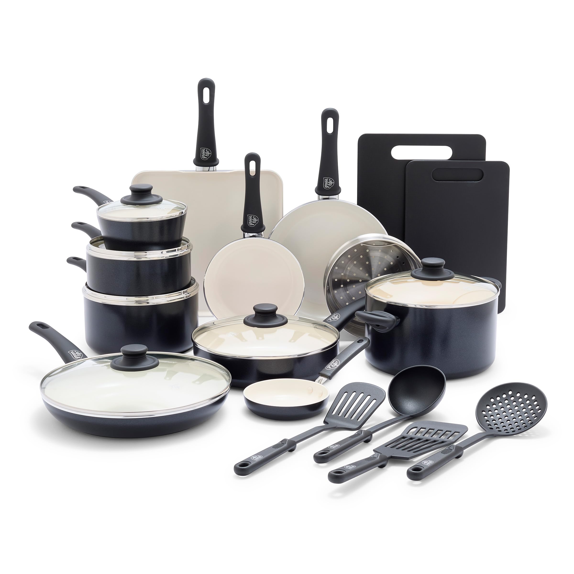 GreenLife Soft Grip Healthy Ceramic Nonstick 12 Piece Kitchen Cookware Pots and Frying Sauce Saute Pans Set, PFAS-Free with Kitchen Utensils and Lid, Dishwasher Safe, Black