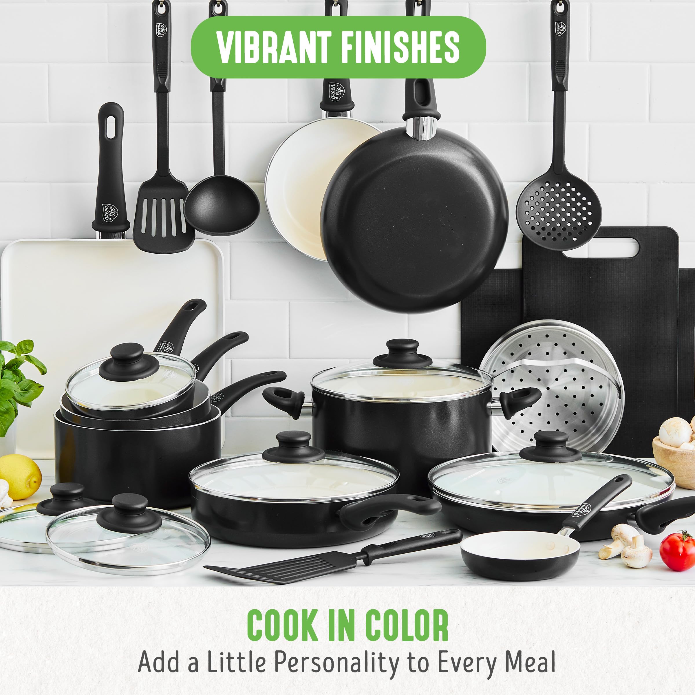 GreenLife Soft Grip Healthy Ceramic Nonstick 12 Piece Kitchen Cookware Pots and Frying Sauce Saute Pans Set, PFAS-Free with Kitchen Utensils and Lid, Dishwasher Safe, Black