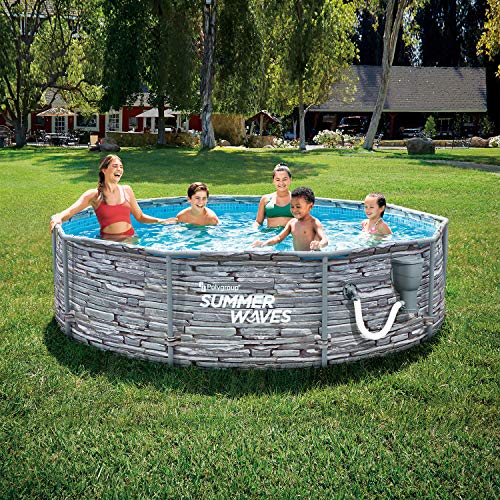 Summer Waves Active 14 Foot x 36 Inch Stone Slate Print Metal Frame Outdoor Backyard Above Ground Swimming Pool Set with Filter Pump, Ladder, and Repair Patch