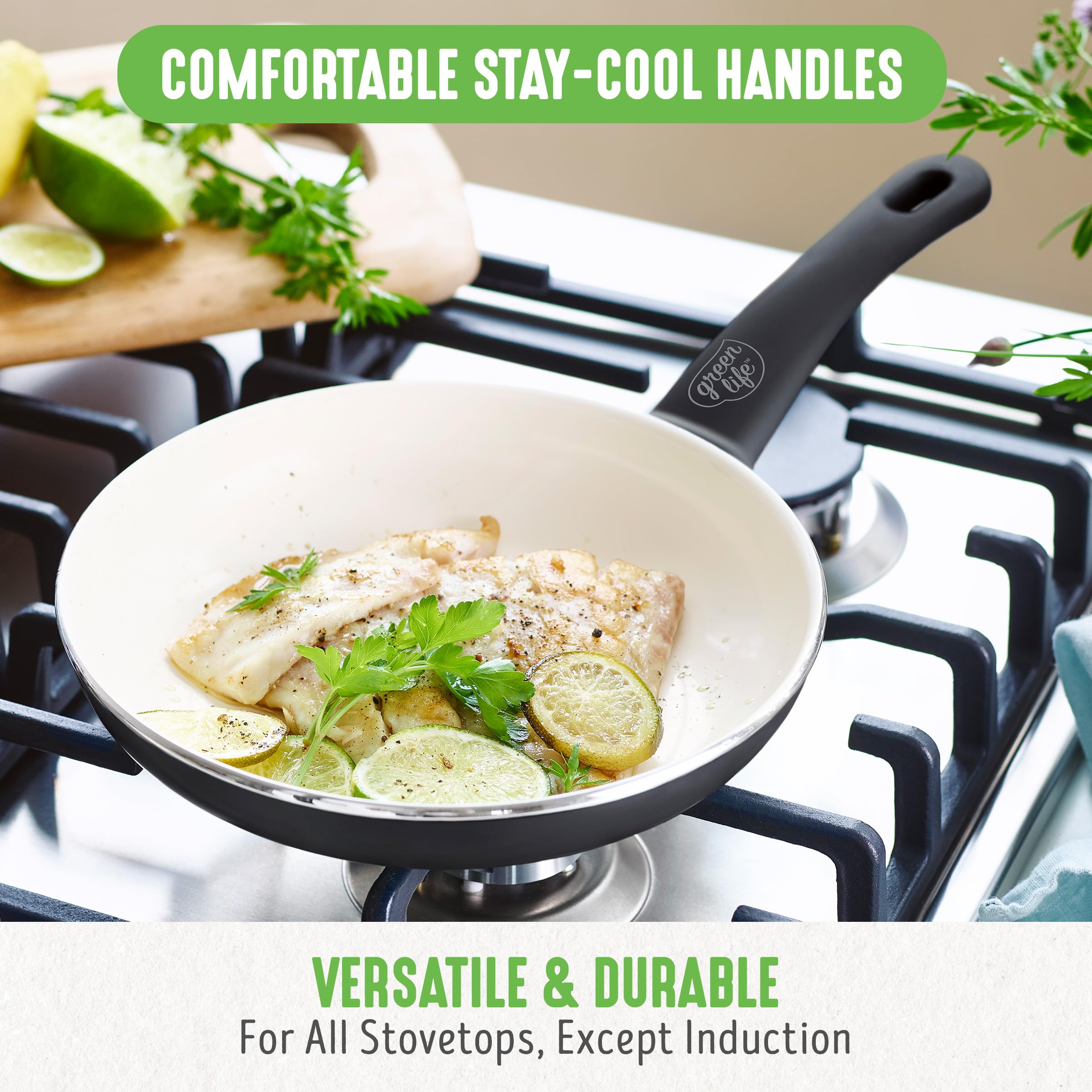 GreenLife Soft Grip Healthy Ceramic Nonstick 12 Piece Kitchen Cookware Pots and Frying Sauce Saute Pans Set, PFAS-Free with Kitchen Utensils and Lid, Dishwasher Safe, Black