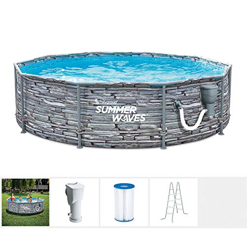 Summer Waves Active 14 Foot x 36 Inch Stone Slate Print Metal Frame Outdoor Backyard Above Ground Swimming Pool Set with Filter Pump, Ladder, and Repair Patch