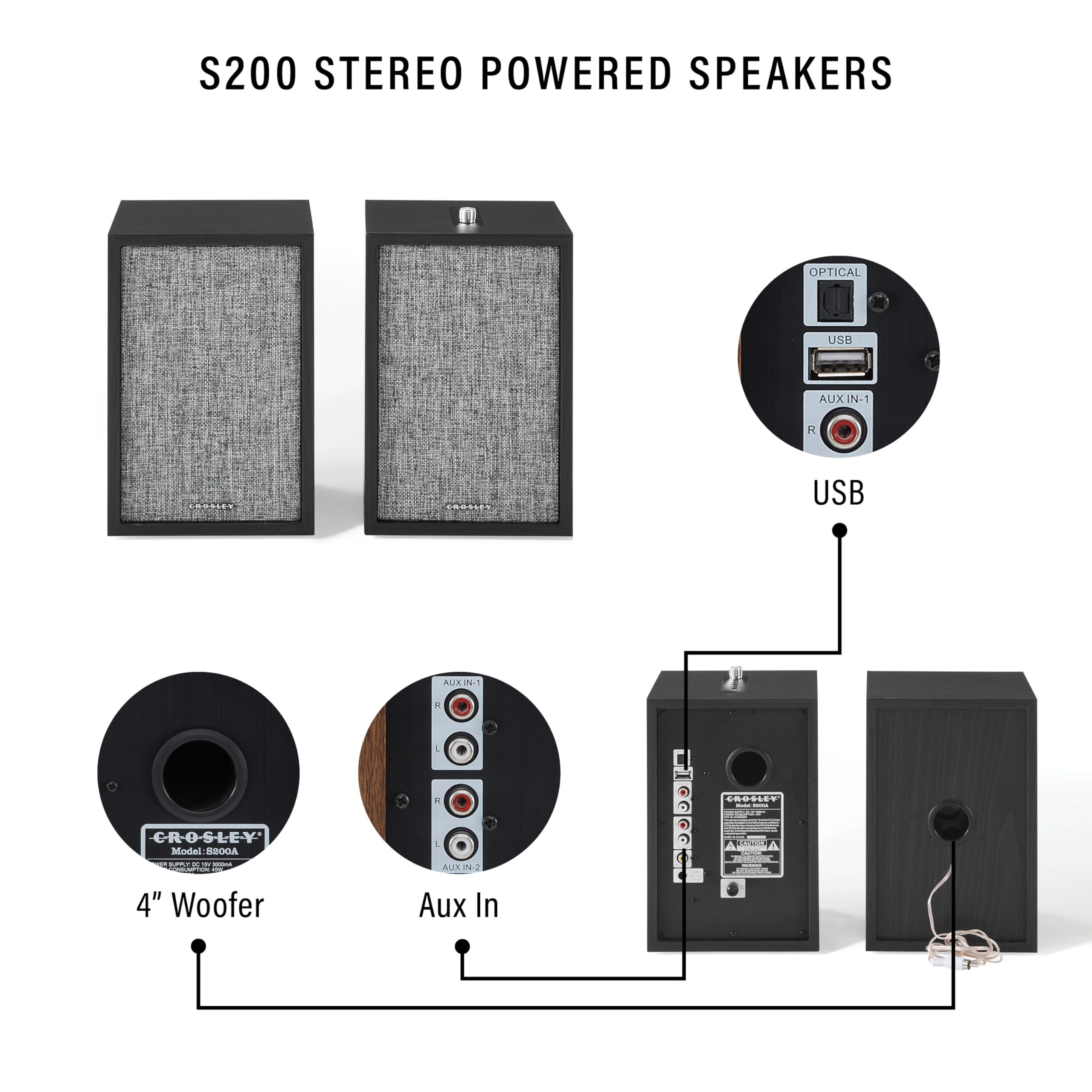 Crosley S200A 4" Active Powered Bluetooth Stereo Speakers