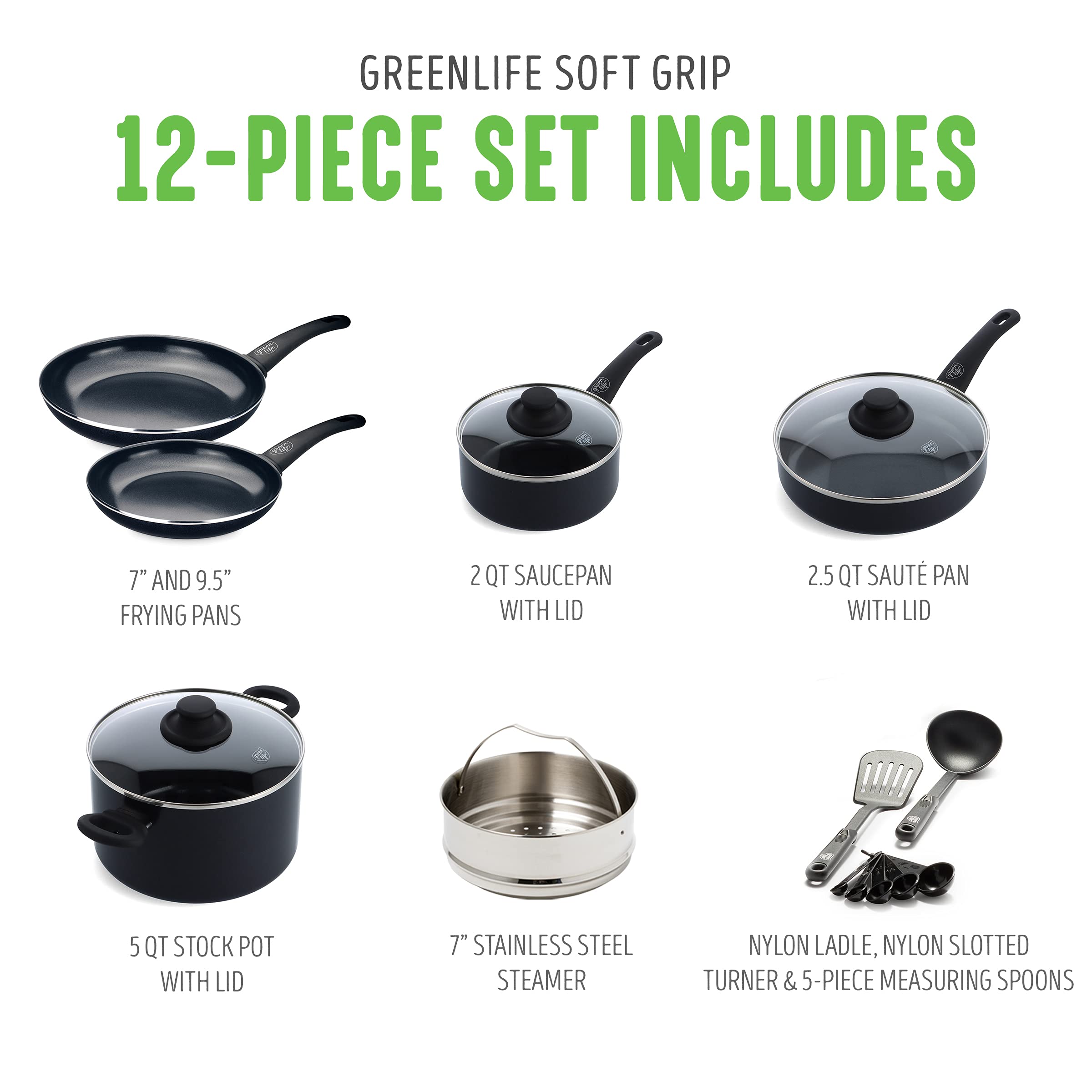 GreenLife Soft Grip Healthy Ceramic Nonstick 12 Piece Kitchen Cookware Pots and Frying Sauce Saute Pans Set, PFAS-Free with Kitchen Utensils and Lid, Dishwasher Safe, Black