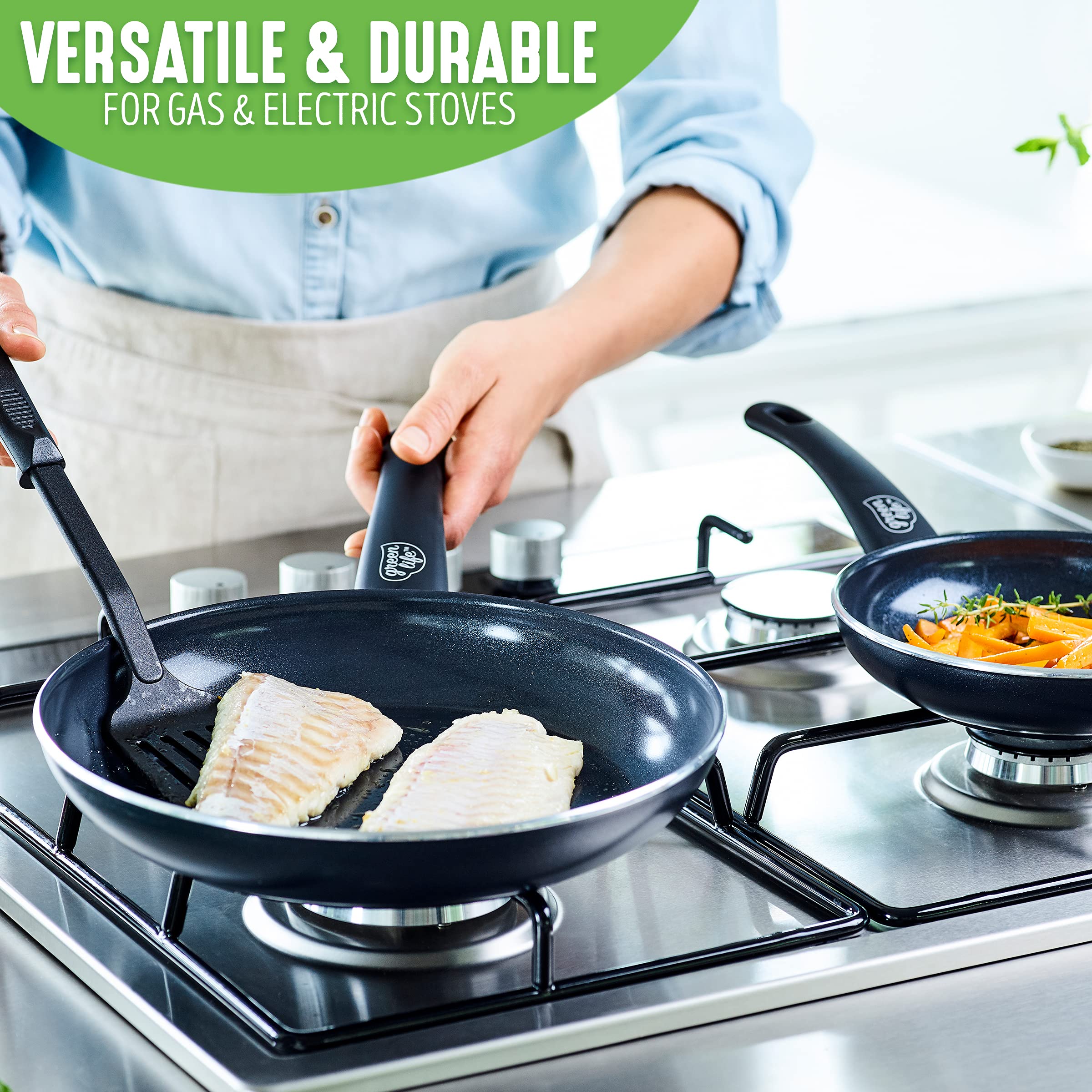 GreenLife Soft Grip Healthy Ceramic Nonstick 12 Piece Kitchen Cookware Pots and Frying Sauce Saute Pans Set, PFAS-Free with Kitchen Utensils and Lid, Dishwasher Safe, Black