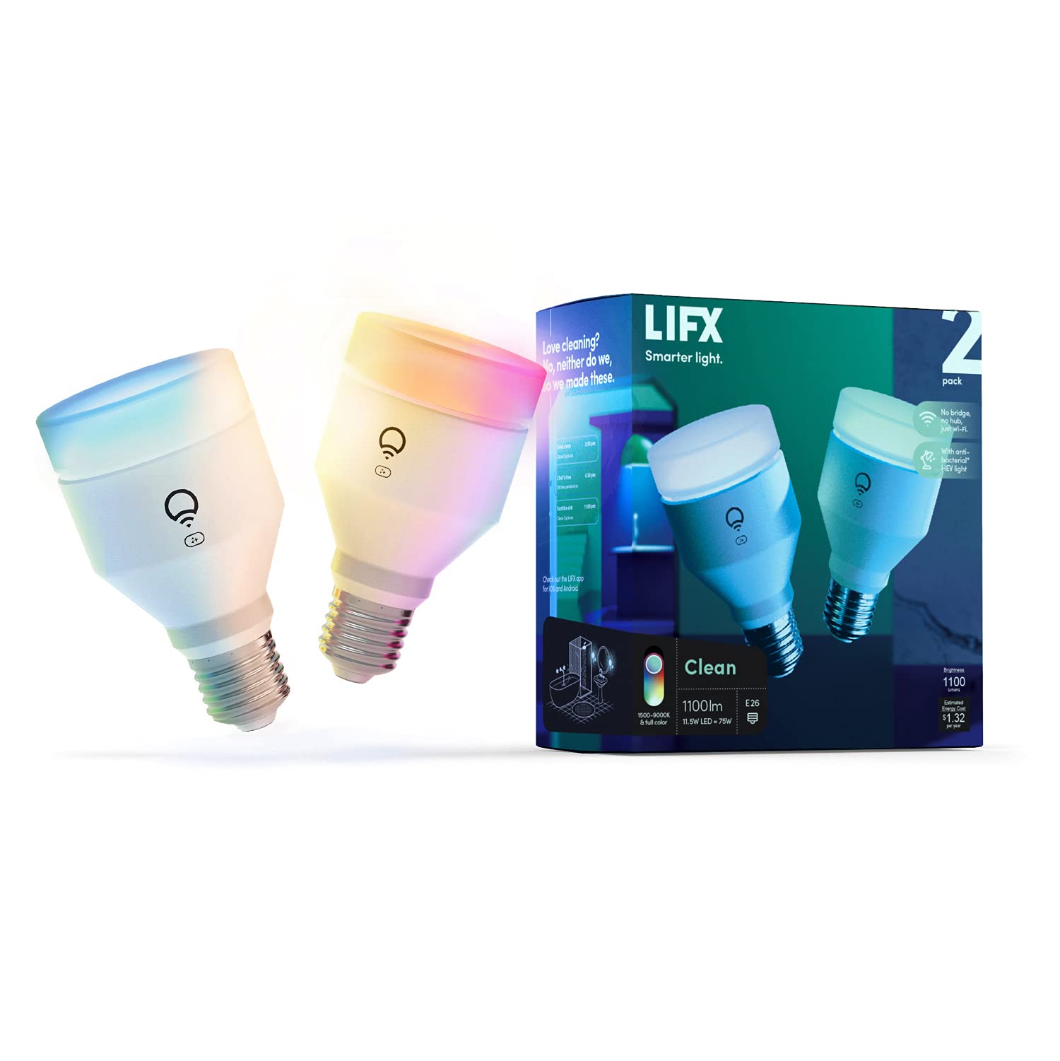 LIFX Clean, A19 1100 lumens, Full Color with Antibacterial HEV, Wi-Fi Smart LED Light Bulb
