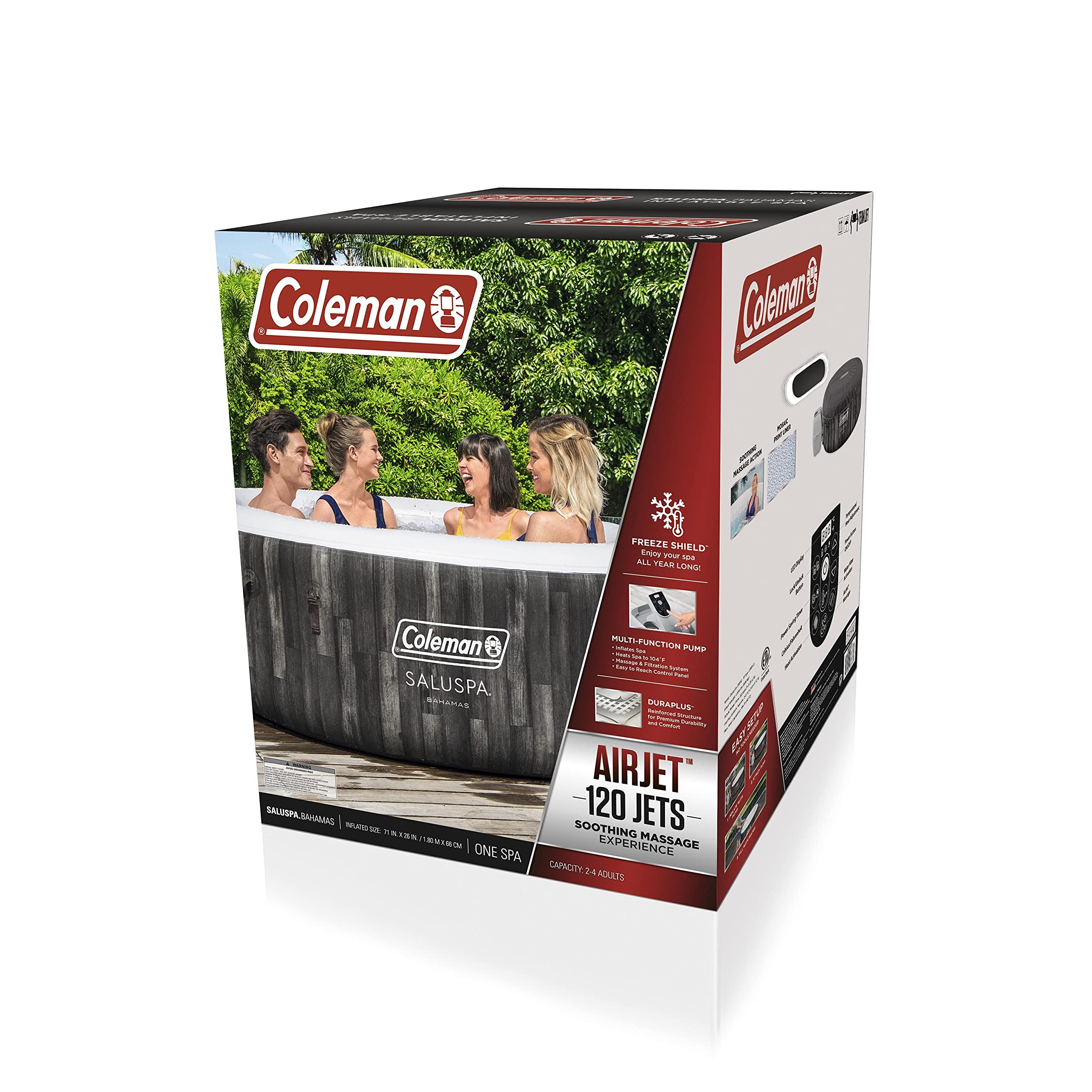 Inflatable Coleman 90455 SaluSpa Bahamas 71-Inch x 26-Inch 4 Person Outdoor Portable Hot Tub Spa with 120 Air Jets, Pump, 2 Filter Cartridges, and Tub Cover