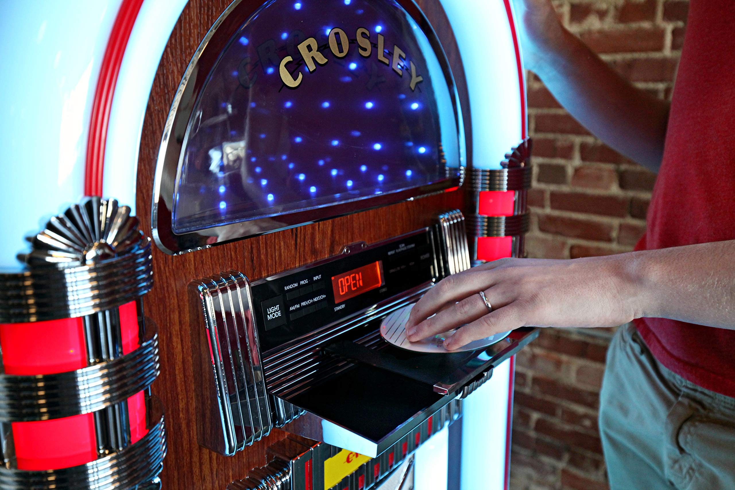 Crosley CR1215A-WA Full Size Digital Bluetooth Jukebox with CD, AM/FM Radio and Color Changing LED Lights, Walnut