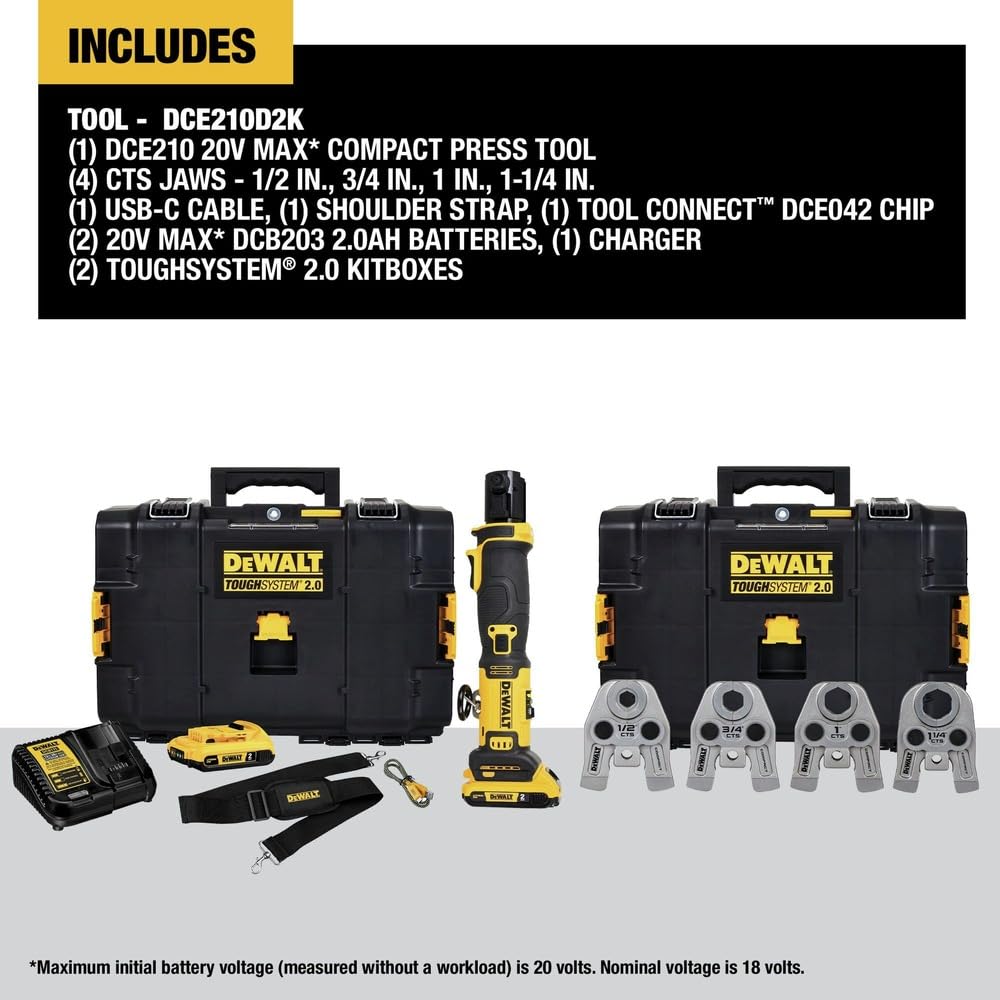 DEWALT 20V MAX Compact Press Tool Kit with CTS Jaws, 1/2-1-1/4 Inch 2 Batteries and Charger Included (DCE210D2K)