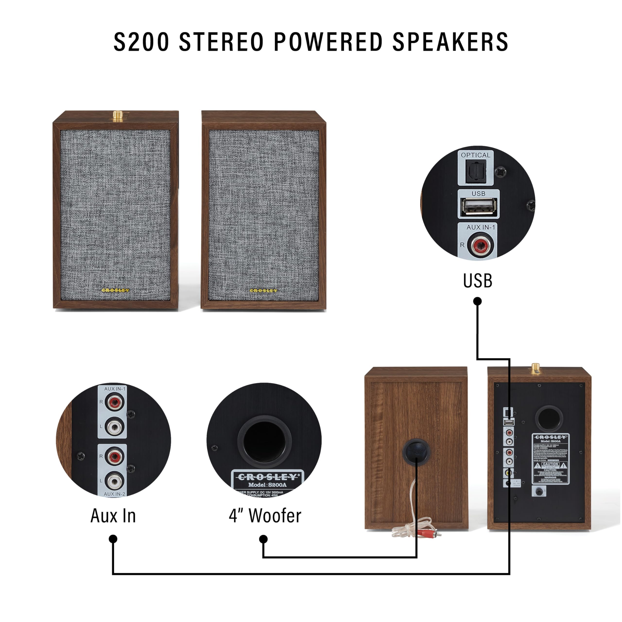 Crosley S200A 4" Active Powered Bluetooth Stereo Speakers