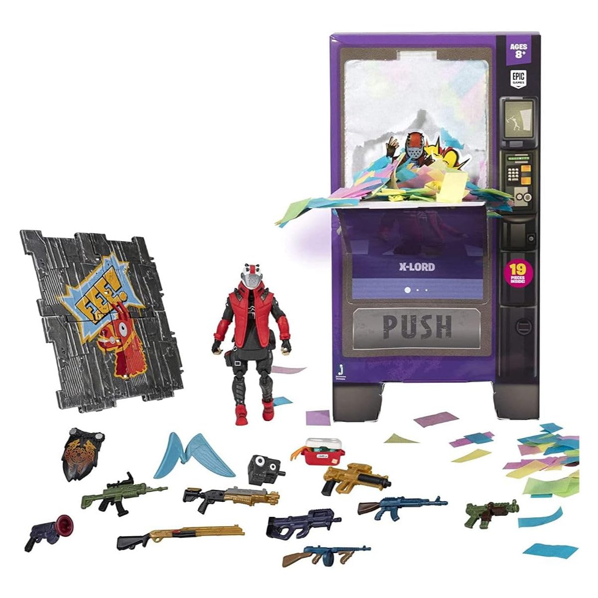 Fortnite Vending Machine, Features 4 Inch X-Lord Action Figure, Includes 9 Weapons, 4 Back Bling, and 4 Building Material Pieces